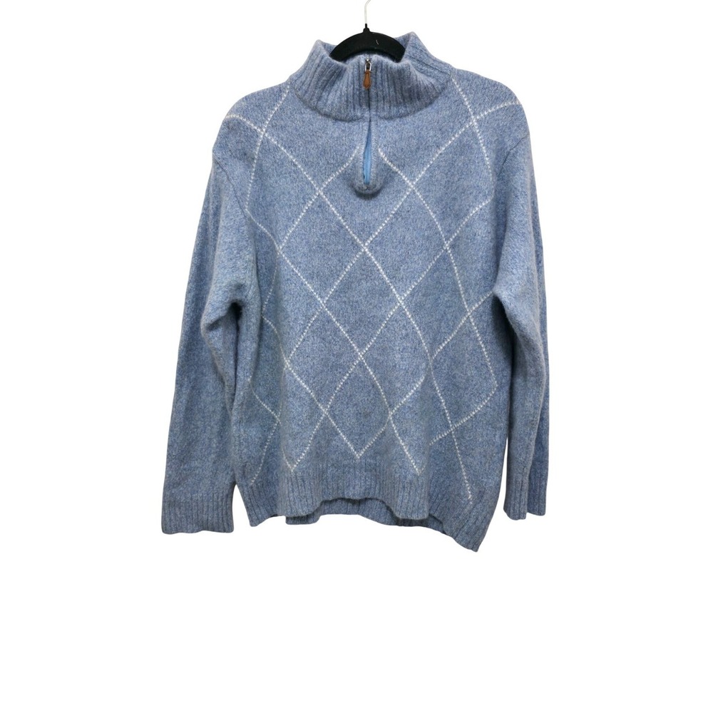 TravelSmith Mens XL Light Blue Argyle 1/4 Zip Sweater 80% Lambswool 20% Nylon Ma